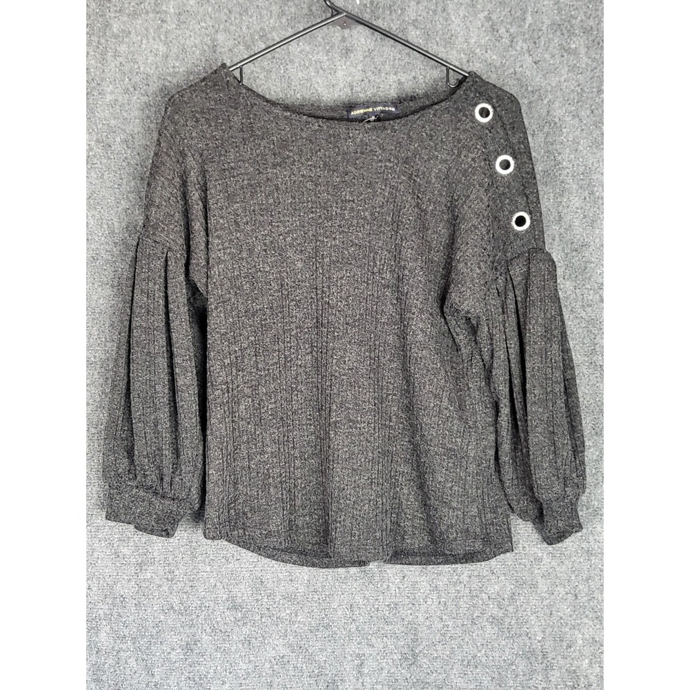 Adrienne Vittadini Gray Ribbed Knit Balloon Sleeve Top Silver Grommet Accents M